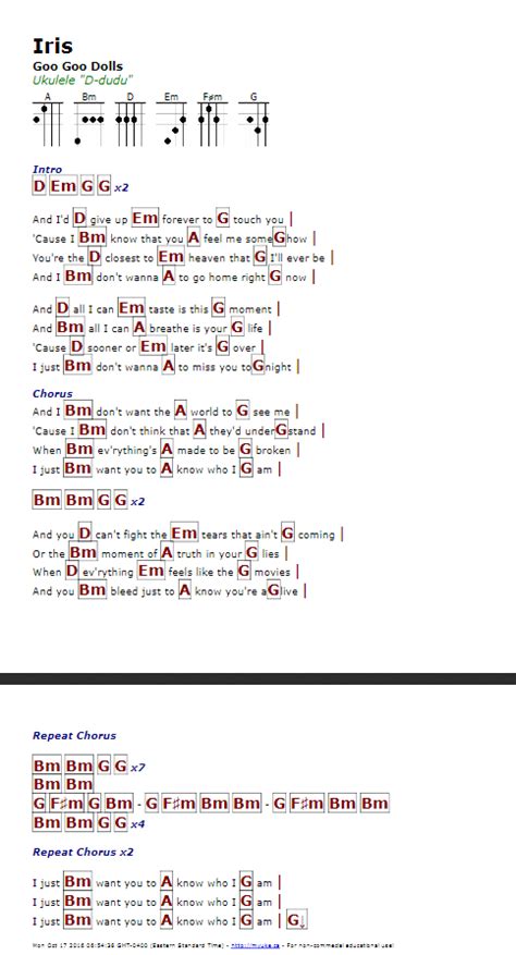 Strumming pattern (verse and chorus, 3/4 time): Iris (Goo Goo Dolls) - http://myuke.ca | Ukulele songs ...