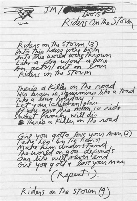 Jim Morrisons Handwritten Lyrics For Riders On The Storm Jim