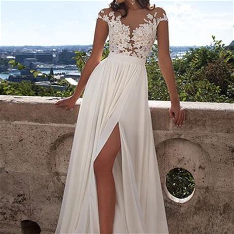 Cap Sleeve White Side Slit Lace Chiffon Long Cheap Prom Dresses Bg511