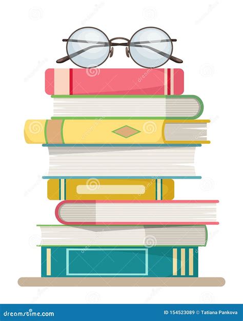 Stack Of Books With Glasses On The Top On A White Background Flat