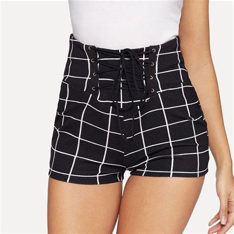 Women Lace Up Front Plaid Skinny Sexy And Club Shorts Power Day Sale Skinny Sexy Sexy Style