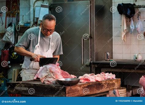 Butcher Cuts Meat In Butchery In Hong Kong Editorial Image Image Of Kong Local