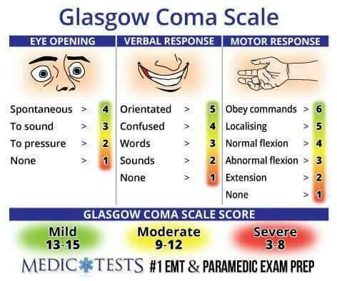 Evaluates the level of consciousness following traumatic brain injury by considering the eye, verbal and motor response. Glasgow Coma Scale | MedicTests