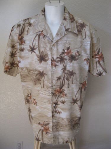 Mens Cal Top L Hawaiian Shirt Beige Khaki Floral Palm