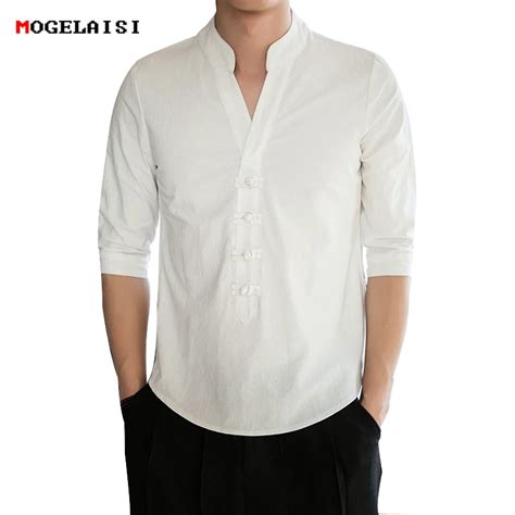 Chinese Style White Shirt Men Summer Standing Collar Linen Cotton