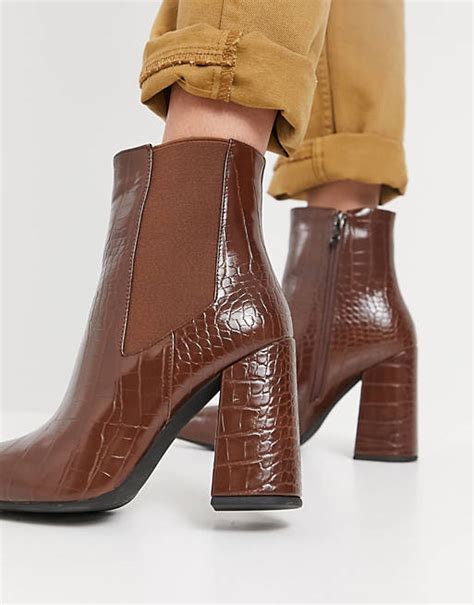 simmi london block heeled ankle boots in tan croc asos