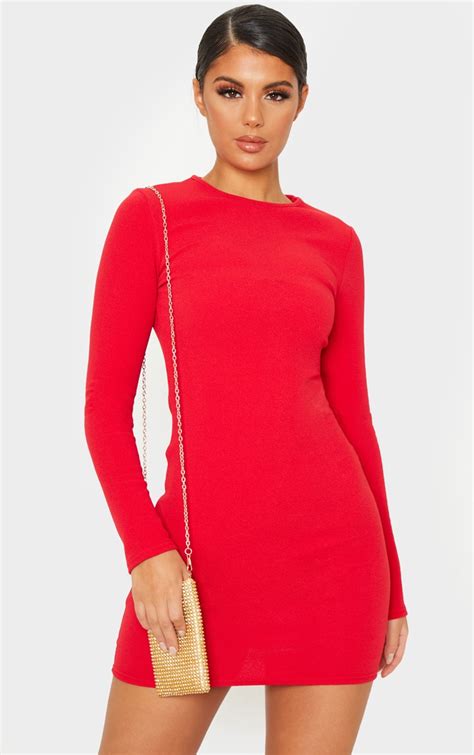 Red Long Sleeve Bodycon Dress Dresses Prettylittlething Usa