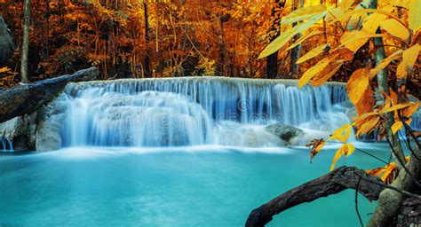 Waterfall In Autumn Forest At Erawan Waterfall Stock Photo Image Of