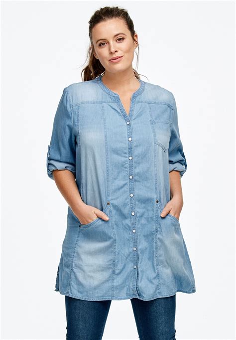 Snap Front Denim Tunic By Ellos® Plus Size Tunics Woman Within