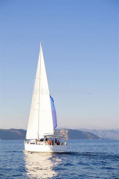 Racing Yacht In The Sea On Blue Sky Background Peaceful Seascape Travel Concept Travelling