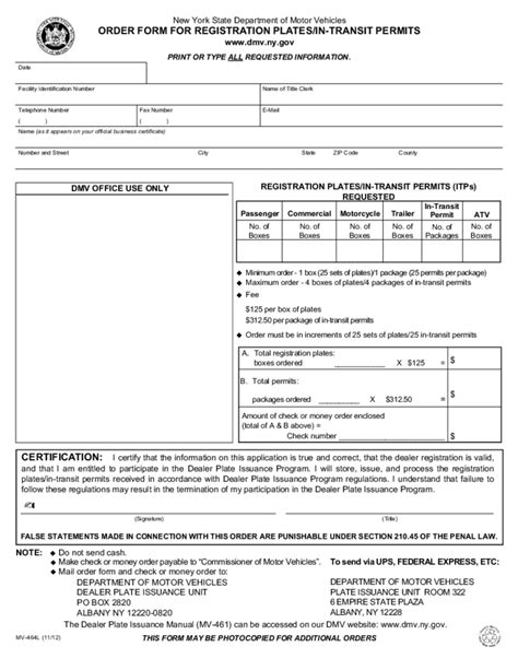Form Mv 464l Order Form For Registration Platesin Transit Permits