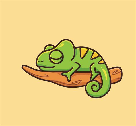 Cute Baby Chameleon Sleeping Lazy On Branch Cartoon Animal Nature