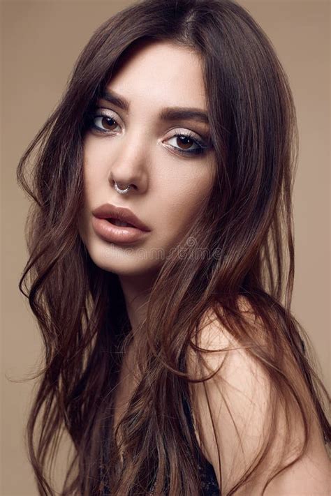 Beautiful Brunette Woman With Juicy Lips In Dark Underwear Stock Image Image Of Makeup