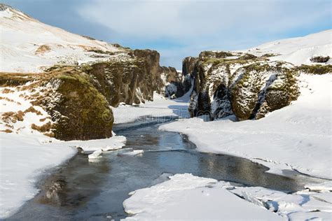 Fjadrargljufur Canyon And Fjadra River At Winter Iceland Stock Image