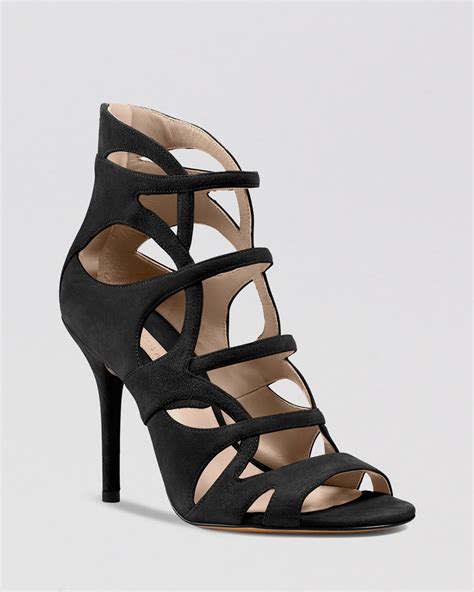 Michael Kors Caged Sandals Casey Strappy High Heel In Black Black Suede Lyst