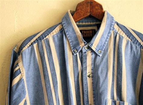 Vintage 90s Denim Striped Button Up Mens Shirt Faded Glory Etsy