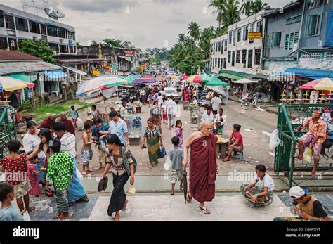 Daytime Street Scene In Downtown Central Yangon City Myanmar Stock