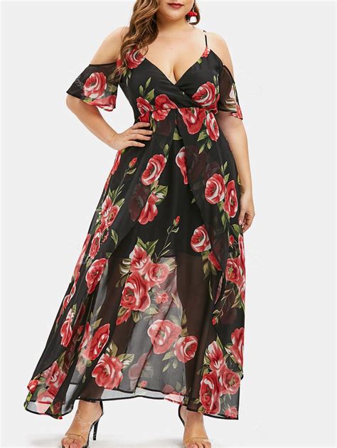 [39 Off] Plus Size Open Shoulder Floral Maxi Dress Rosegal