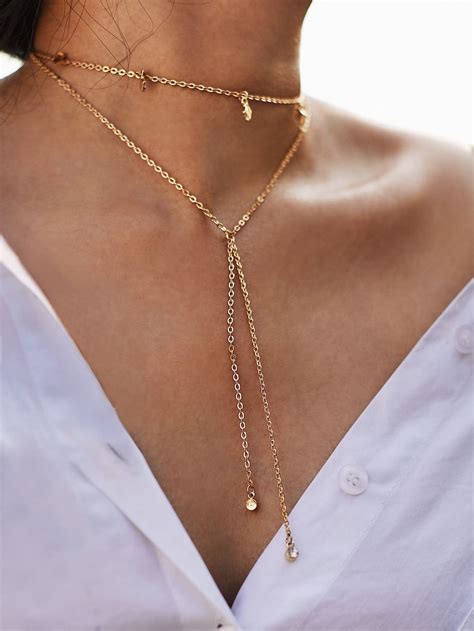 Rhinestone Layered Necklace With Geometric Charm SheIn Sheinside Womens Jewelry Necklace