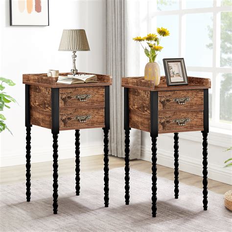 Vecelo Set Of 2 Nightstand With 2 Drawer And Open Shelf Industrial