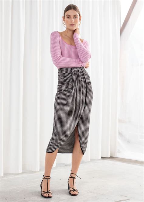 Ruched Houndstooth Pencil Skirt Black Midi Skirts And Other Stories