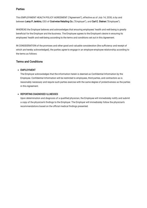 Employee Health Policy Agreement Template Free Pdf Word Doc