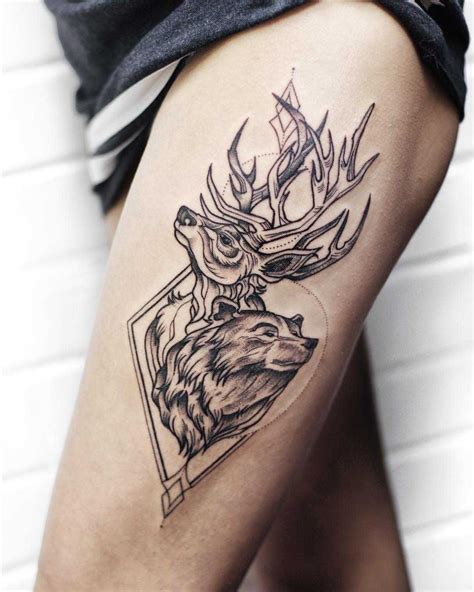 Forest Inhabitants Tattoo A Bear And A Deer Inked On The Left Thigh By