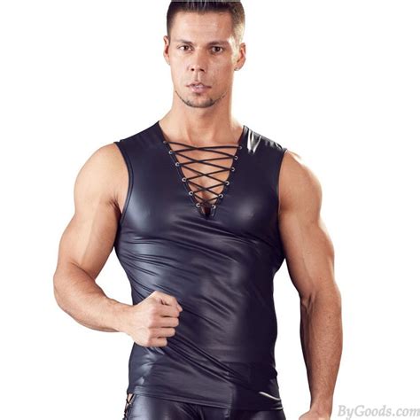 Sexy Faux Leather Nightclub Tank Top Lace Up T Shirt Tight Men S