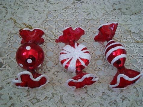 5 Blown Glass Peppermint Candy Christmas Ornaments From Italy With Glitter