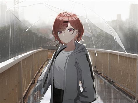 Desktop Wallpaper Rain Anime Girl Redhead Umbrella Hd