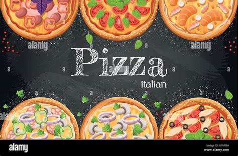 Pizza Menu Chalkboard Cartoon Background With Fresh Ingredients Vector