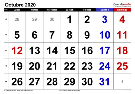 Calendario Octubre 2020 En Word Excel Y Pdf Calendarpedia