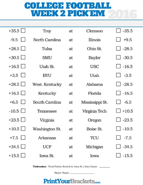 Can unc and mack brown notch another underdog win? Week 2 College Football Pick'em Sheets - Printable