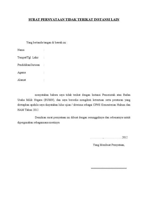 Surat ini bisa dijadikan bukti yang terpenting saat membuat surat pernyataan adalah memperhatikan dengan teliti informasi dan maksud yang ingin kita sampaikan. 5+ Contoh Surat Pernyataan Tidak Terikat Instansi ...