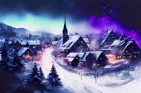 Fantasy Christmas Background Snow Covered Village Stock Illustrations