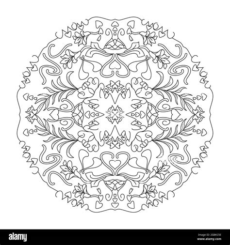 Mandala Hearts And Lily Flowers Anti Stress Coloring Page Vector