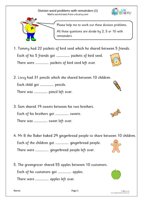 Easy Division Word Problems With Remainders Free Printable Worksheets
