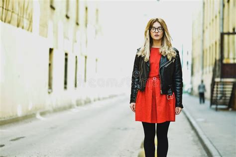 Woman Wearing Red Dress Posing In The City Stock Image Image Of Pretty Fashion 55083405