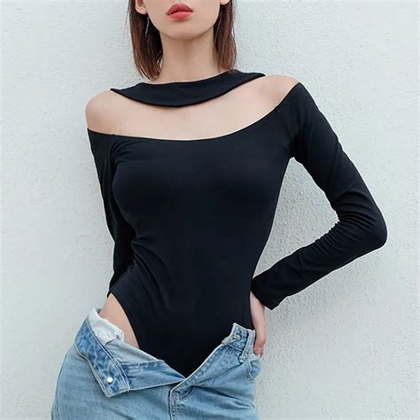 Women O Neck Solid Black Bodysuits Overalls Long Sleeve Hollow Out Skinny Sexy Jumpsuit Collier