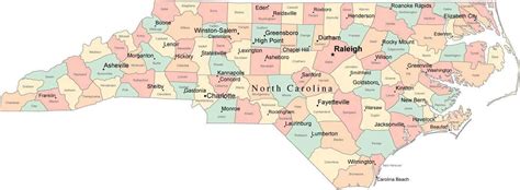 Multi Color North Carolina Map With Counties Capitals
