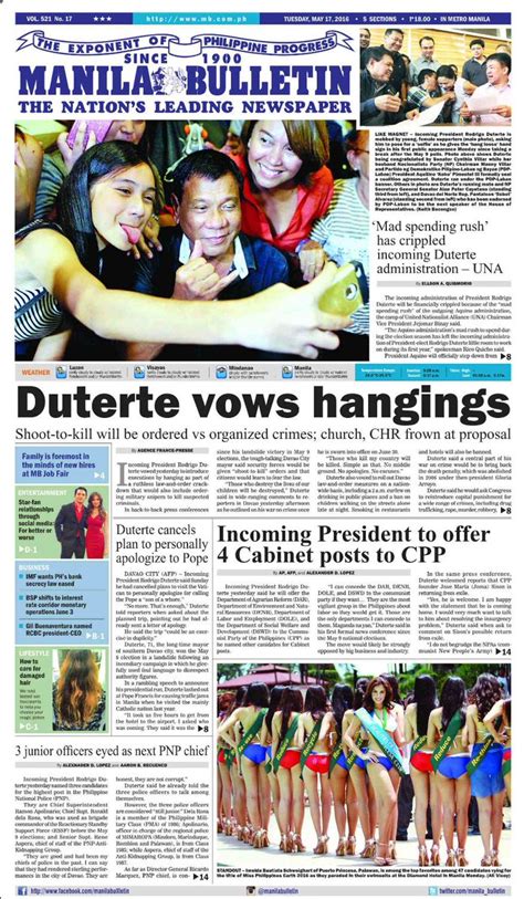 Manila times on wn network delivers the latest videos and editable pages for news & events, including entertainment, music, sports, science and more, sign for more news and information, get a copy of the manila times on print, subscribe to its digital edition or log on to www.manilatimes.net. Manila Bulletin Front Page for Today (5/17/2016) | Scoopnest