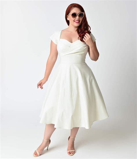 Stop Staring Plus Size Mad Style Ivory Cap Sleeve Swing Dress Unique Vintage Plus Wedding