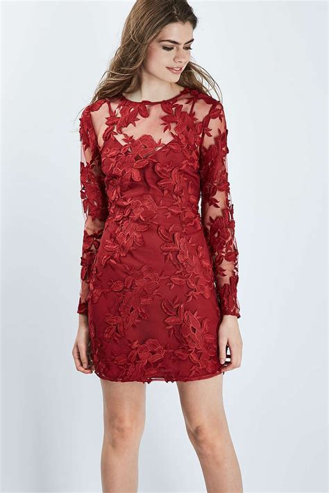 Long Sleeve Applique Mini Dress Lace Dress With Sleeves Red Long