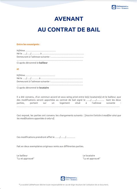 Avenant Au Contrat De Bail Rédaction Et Modèle Pdf