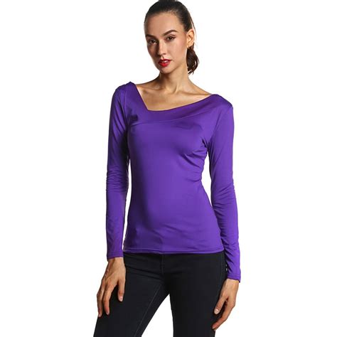 Women Purple Color Long Sleeve Tee Shirts V Neck Sexy Tops Long Sleeve