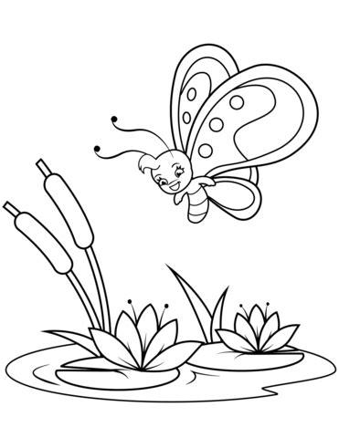 Get cute butterfly coloring pages free is easy. Cute Butterfly Flies over Reeds and Water Lilies coloring ...