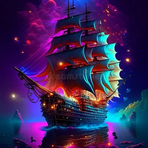 Illustration Of A Pirate Ship In The Sea On A Purple Background