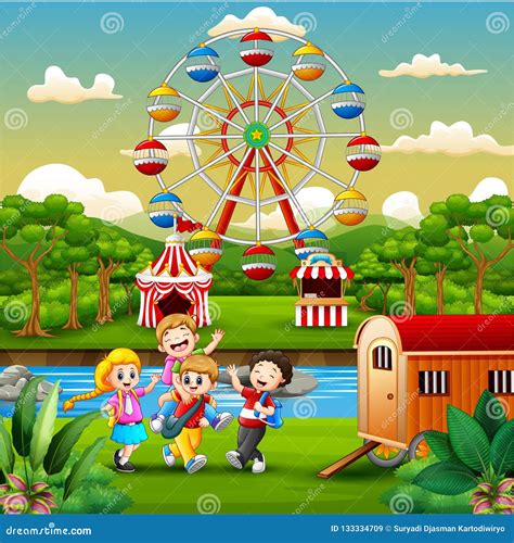 Happy Kids Group Playing On The Amusement Park Stock Vector