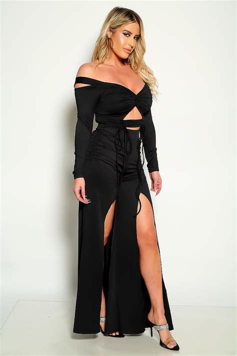 Black Long Sleeves Flared Two Piece Outfit Amiclubwear