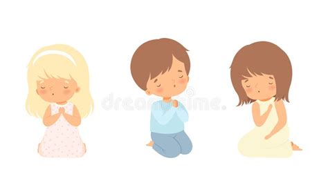 Little Kid Kneeling And Praying With Folded Hands Vector Set Stock